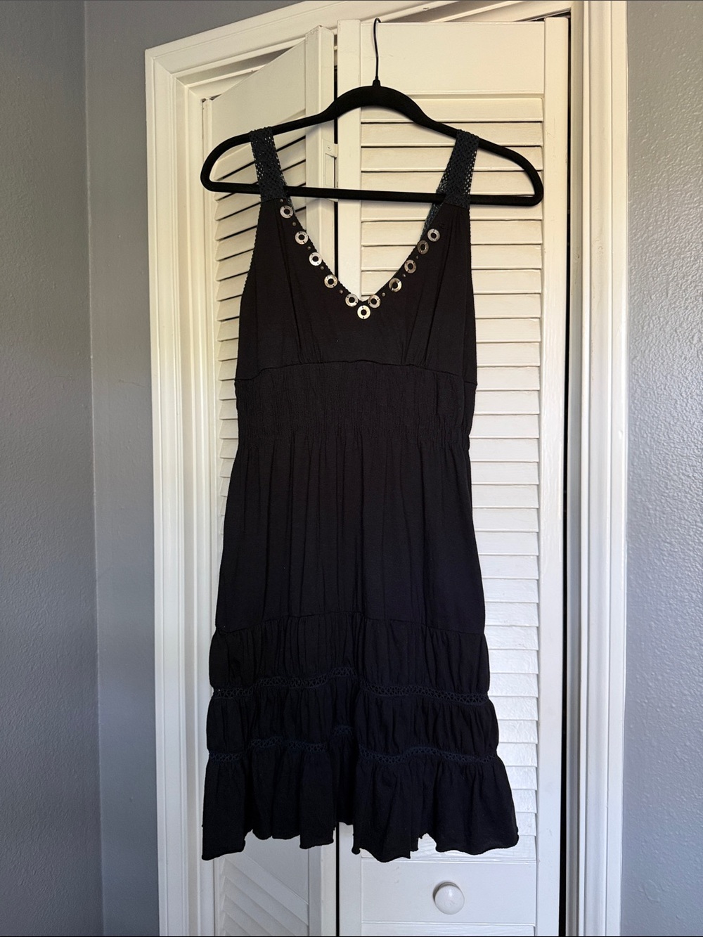 American Rag Black V-Neck Eyelet-Trim Mini Dress